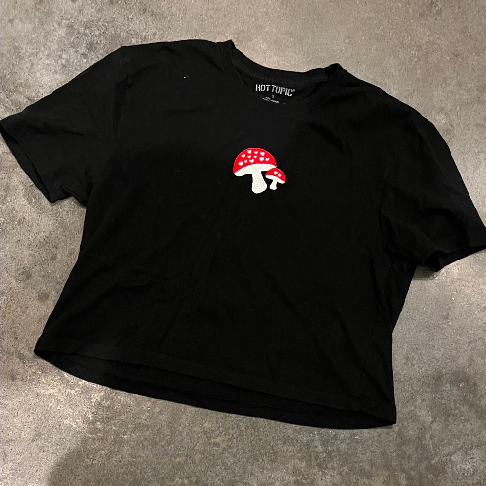 Hot Topic Black Tee with Red Mushroom Graphic